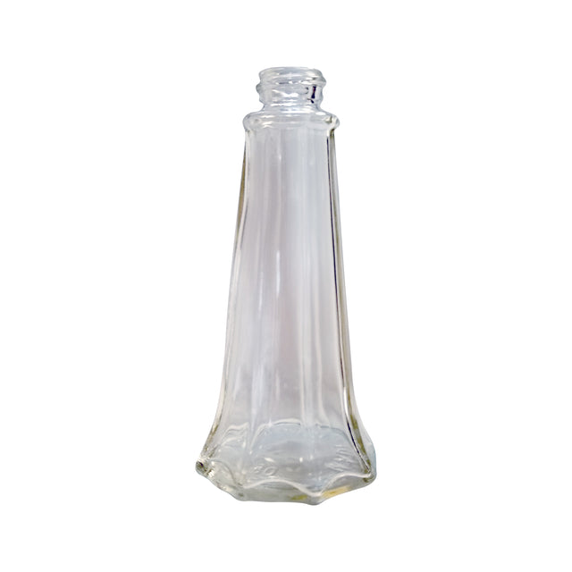 A clear, faceted glass bottle with a wide base that tapers to a narrow, threaded neck—ideal as a replacement jar for your salt and pepper shaker. It stands upright against a white background and features a smooth, reflective surface.