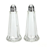 Two clear glass salt and pepper shakers with hexagonal bases and nickel plated tops stand side by side on a white background. Both containers, similar to the classic Eiffel Tower Salt/Pepper Shaker, are empty.