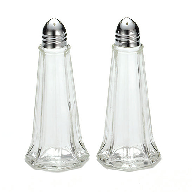 Two clear glass salt and pepper shakers with hexagonal bases and nickel plated tops stand side by side on a white background. Both containers, similar to the classic Eiffel Tower Salt/Pepper Shaker, are empty.