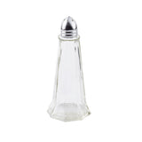 A clear, empty, faceted glass salt shaker with a shiny, nickel plated top stands upright on a white background. The lid has small holes for dispensing salt. This classic design is reminiscent of an Eiffel Tower Salt/Pepper Shaker.