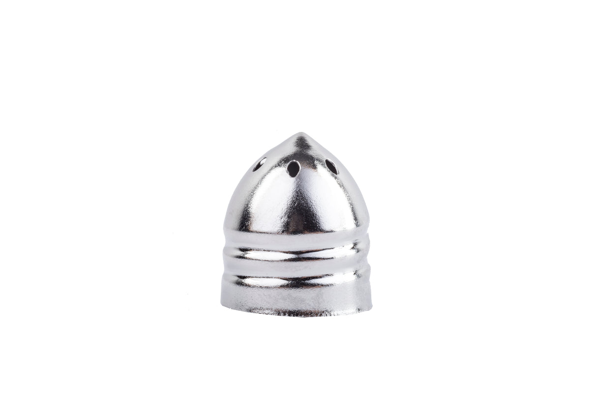 A shiny, metallic, nickel plated, bullet-shaped object with a pointed tip and four small holes near the top sits upright on a plain white background. This replacement shaker top features smooth, rounded ridges near its base.