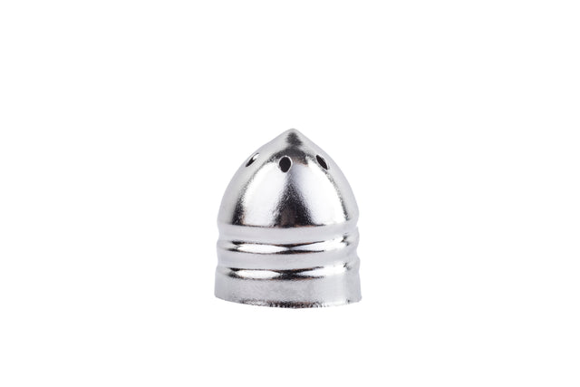 A shiny, metallic, nickel plated, bullet-shaped object with a pointed tip and four small holes near the top sits upright on a plain white background. This replacement shaker top features smooth, rounded ridges near its base.