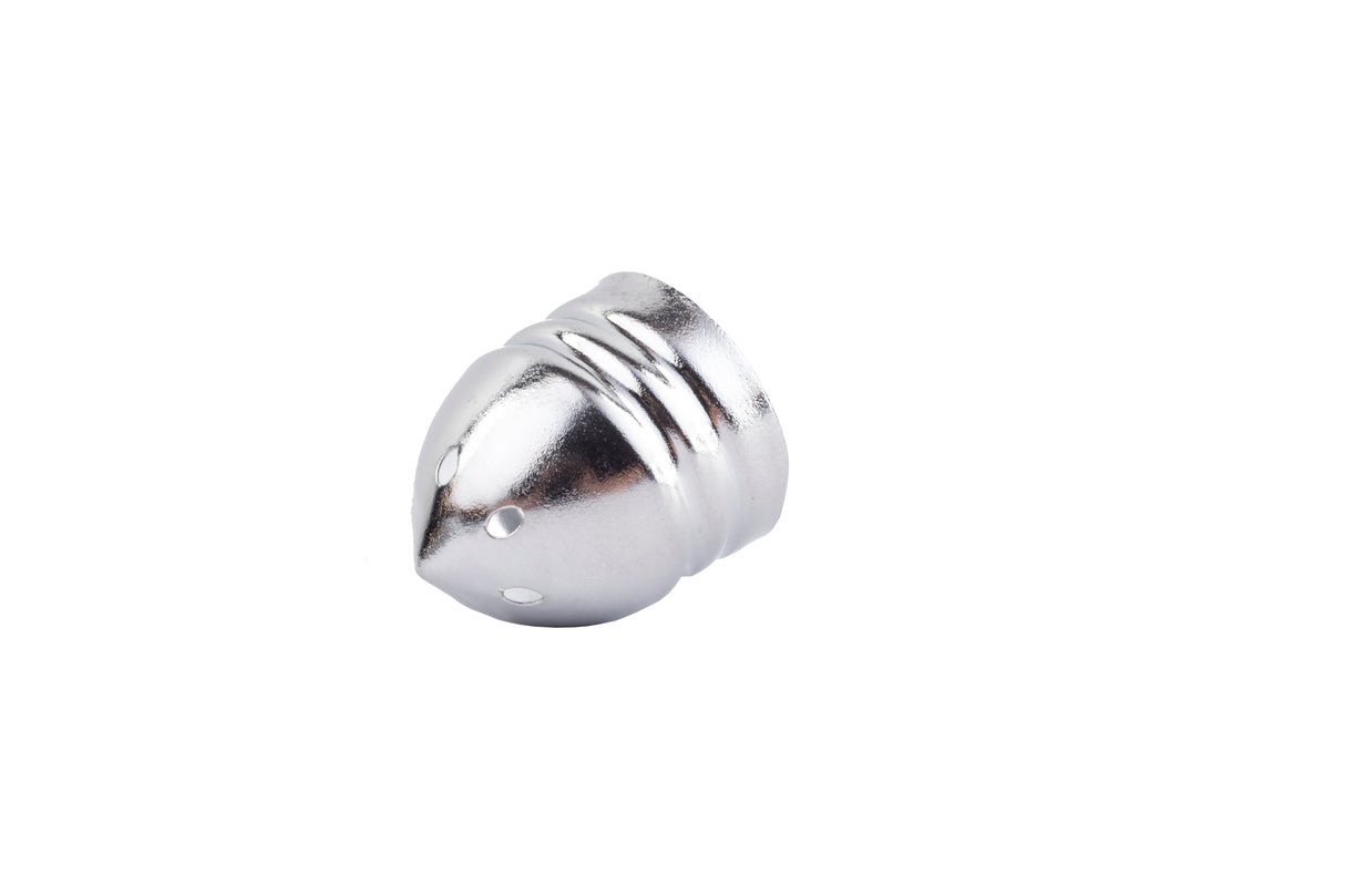A shiny, nickel plated, bullet-shaped replacement shaker top with a ridged center and three small holes near the pointed tip, perfect for your salt and pepper shaker, isolated on a white background.