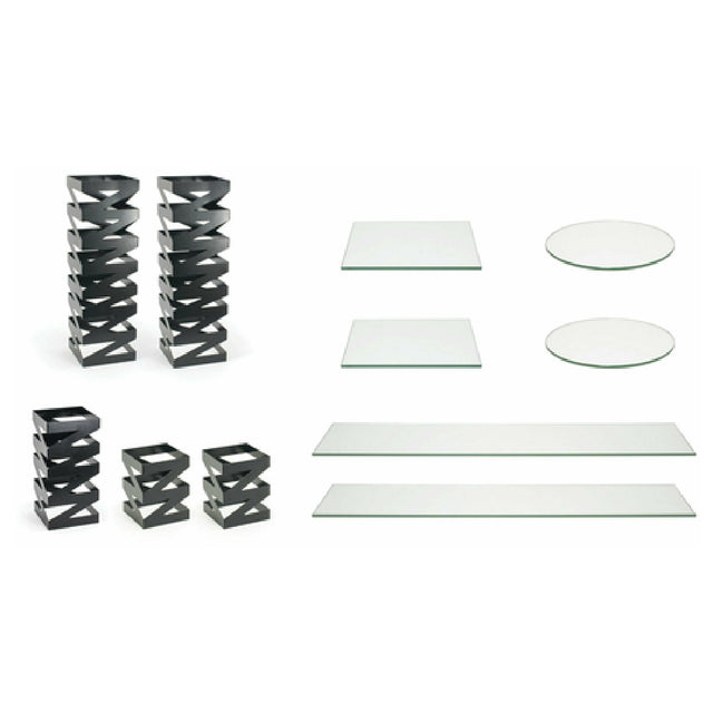 FOH BST019MUM28 Buffet Essentials Zig Zag Clear Glass On Matte Black Includes One BRI006BKI28 Zig Zag Risers Set Of 3 Matte Black