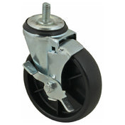 A black 5″ caster with brake and metal bracket features a sturdy housing and 1/2″ diameter stem for mounting. This Turbo Air caster includes a side brake lever, making it ideal for secure, smooth movement. The background is plain white.