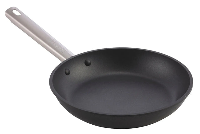 A non-stick fry pan with a black finish and silver metal handle is shown at an angle on a white background. The smooth interior and riveted handle highlight its quality, making it ideal for induction cooking. The pan appears clean and unused.