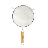 A tinned metal mesh strainer with double fine mesh, round shape, and two small side hooks. It features a wooden handle with a metal loop at the end for hanging, displayed against a white background.