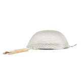A tinned metal mesh strainer with a dome-shaped, double fine mesh basket and a flat rim. It features a wooden handle on one side and a small metal hook on the other for resting securely on a bowl or pot.