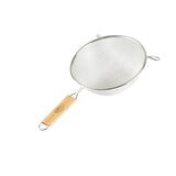 A tinned metal mesh strainer with a round double fine mesh bowl, two sturdy hooks, and a wooden handle featuring an engraved logo, isolated on a white background.