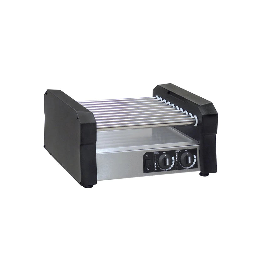 A countertop hot dog roller grill with black end panels, seven stainless steel rollers, and two control knobs on the front panel, all set against a plain white background.
