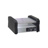 A countertop hot dog roller grill with black end panels, seven stainless steel rollers, and two control knobs on the front panel, all set against a plain white background.