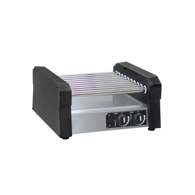 A countertop hot dog roller grill with black end panels, seven stainless steel rollers, and two control knobs on the front panel, all set against a plain white background.