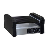 A stainless steel countertop hot dog roller grill with black sides, seven non-stick rollers on top, and a front control panel featuring two black dials with white markings and labels for temperature and heat settings.