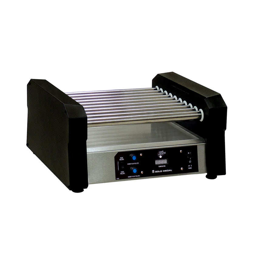 A stainless steel Gold Medal Products hot dog roller grill with nine rollers, black side panels, and front control buttons and switches. The front label reads Gold Medal. Ideal for commercial food service use, this roller grill sits on any flat surface.