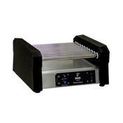 A stainless steel Gold Medal Products hot dog roller grill with nine rollers, black side panels, and front control buttons and switches. The front label reads Gold Medal. Ideal for commercial food service use, this roller grill sits on any flat surface.