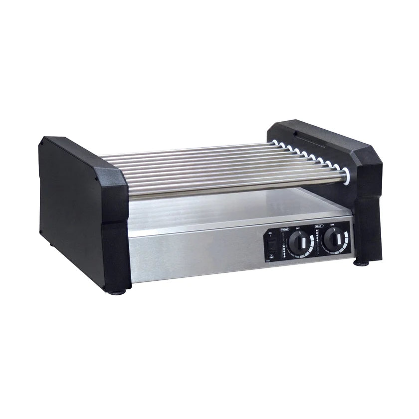 A stainless steel hot dog roller grill with nine horizontal rollers, black side panels, and two front control knobs for heat settings. Designed for countertop use, this grill features a simple, industrial appearance.