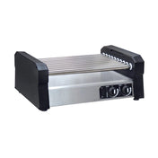 A stainless steel hot dog roller grill with nine horizontal rollers, black side panels, and two front control knobs for heat settings. Designed for countertop use, this grill features a simple, industrial appearance.