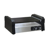 This countertop hot dog roller grill features a stainless steel body, black side panels, eight rotating rollers with adjustable angle, and two front control knobs for precise temperature adjustment to ensure evenly heated hot dogs.