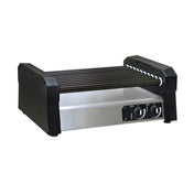 This countertop hot dog roller grill features a stainless steel body, black side panels, eight rotating rollers with adjustable angle, and two front control knobs for precise temperature adjustment to ensure evenly heated hot dogs.