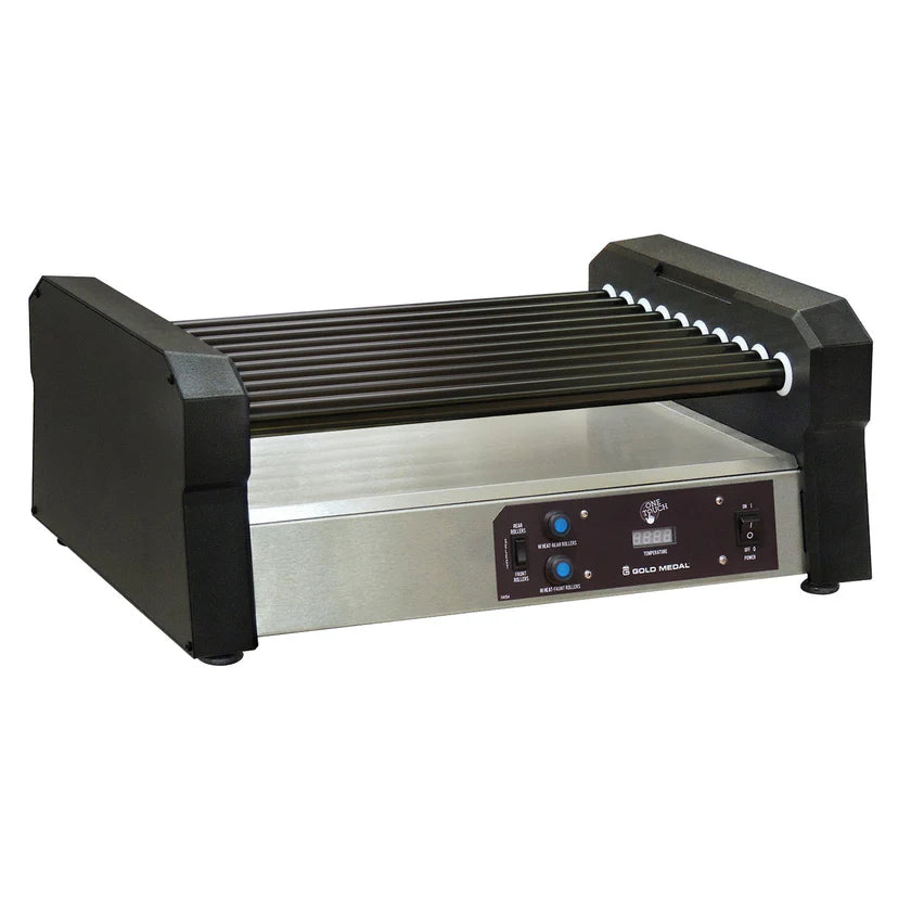 A commercial Hot Dog Roller Grill with a stainless steel base, black end caps, and multiple non-stick rollers. Control buttons and a digital display panel are conveniently located on the front right side of the machine.