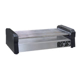 A stainless steel hot dog roller grill with black side panels and several parallel rotating rollers is designed for countertop use. It features two black control knobs with indicator lights on a front panel, all set against a white background.