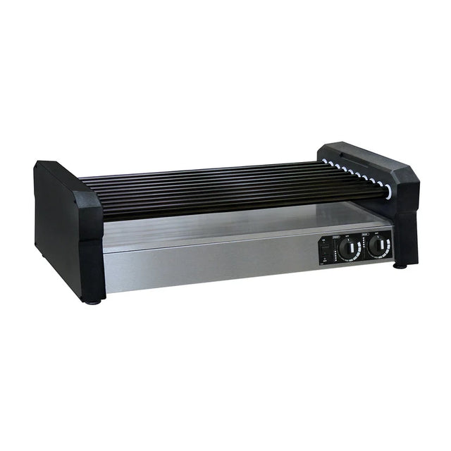 A commercial hot dog roller grill with a stainless steel base, black end panels, and non-stick coated rollers. Ten rotating rollers cook hot dogs evenly, while two control knobs with indicator lights sit on the shiny, clean countertop unit.