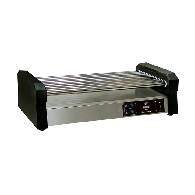 The Hot Diggity Pro X Roller Grill features a stainless steel body, black side panels, and multiple stainless steel rollers. Its front control panel offers easy access to temperature and power settings. The unit sits on a plain white background.