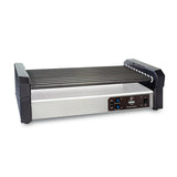 The Hot Diggity Pro X Roller Grill features a stainless steel base, black end caps, non-stick coated rollers, and a stainless steel drip tray. Its front panel includes control buttons, indicator lights, and branding. Photographed empty against a white background.