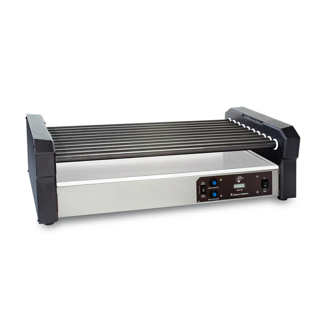 The Hot Diggity Pro X Roller Grill features a stainless steel base, black end caps, non-stick coated rollers, and a stainless steel drip tray. Its front panel includes control buttons, indicator lights, and branding. Photographed empty against a white background.
