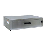 A stainless steel bun cabinet warming drawer by Gold Medal Products features a rectangular shape, black handle centered on the front, small black switch on the right, and a label on the left. It sits on four feet and has a sleek, industrial design.