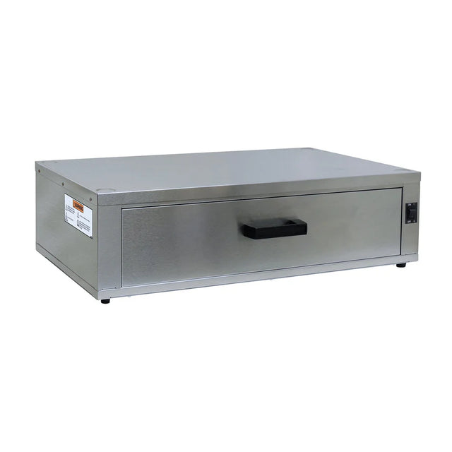 A stainless steel bun cabinet warming drawer by Gold Medal Products features a rectangular shape, black handle centered on the front, small black switch on the right, and a label on the left. It sits on four feet and has a sleek, industrial design.