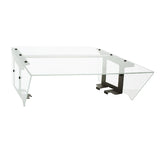 A modern, rectangular glass coffee table with angled edges and black metal supports. Its clear tabletop and sides, combined with visible black hardware, evoke a Food Shield aesthetic for a sleek, geometric look reminiscent of an NSF roller grill cover.