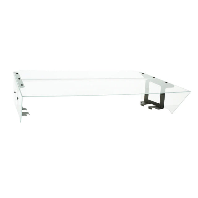 A modern glass coffee table with a clear rectangular top, angular glass sides, and black metal brackets. Inspired by Food Shield designs, its geometric form and transparent surfaces create a minimalist, contemporary appearance.