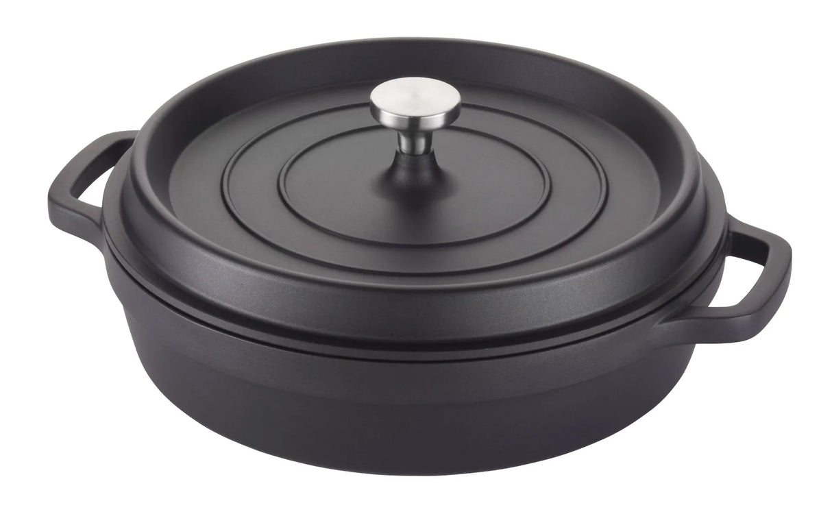 A black, round Ironlite Casserole Dutch oven with two side handles and a matching lid. The non-stick casserole features a silver metal knob and matte finish, perfect for induction cooking, shown on a white background.