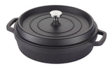 A black, round Ironlite Casserole Dutch oven with two side handles and a matching lid. The non-stick casserole features a silver metal knob and matte finish, perfect for induction cooking, shown on a white background.