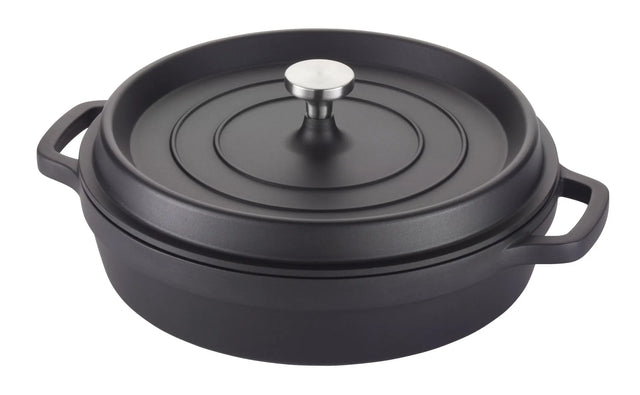 A black, round Ironlite Casserole Dutch oven with two side handles and a matching lid. The non-stick casserole features a silver metal knob and matte finish, perfect for induction cooking, shown on a white background.
