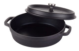 A black, round Ironlite Casserole Dutch oven with two side handles is shown with its lid partially lifted, revealing the empty interior. The matte-finish pot is ideal for induction cooking and features a metallic knob on the lid for easy handling.