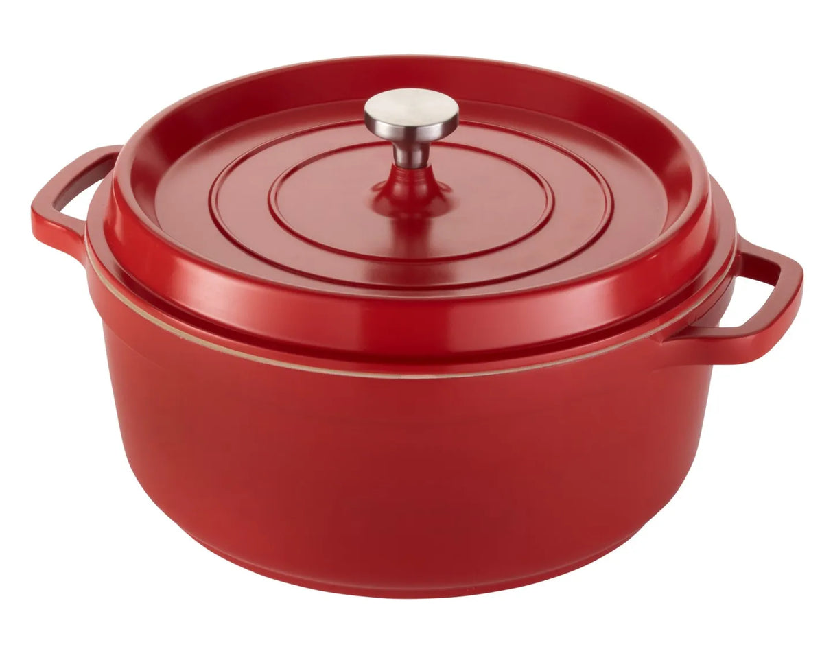 A red, round Ironlite Casserole with a matching lid and silver knob sits on a white background. With side handles and a smooth, glossy finish, it’s perfect for induction cooking while adding sturdy style to your kitchen.