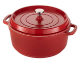 A red, round Ironlite Casserole with a matching lid and silver knob sits on a white background. With side handles and a smooth, glossy finish, it’s perfect for induction cooking while adding sturdy style to your kitchen.