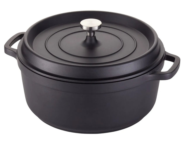 A black Ironlite Casserole Dutch oven with a matching lid and silver knob handle. Its two sturdy side handles and smooth, matte finish make it ideal for induction cooking, while the deep round shape is perfect for a variety of recipes.