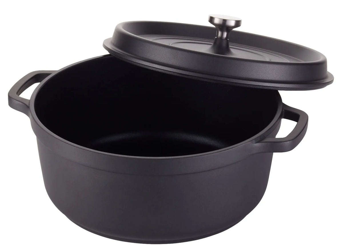 A large black Ironlite Casserole Dutch oven with two handles is shown, its matching lid slightly askew. The matte black surfaces and metal knob offer style and ease, making it ideal for induction cooking. The pot sits on a white background.