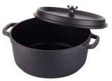 A large black Ironlite Casserole Dutch oven with two handles is shown, its matching lid slightly askew. The matte black surfaces and metal knob offer style and ease, making it ideal for induction cooking. The pot sits on a white background.