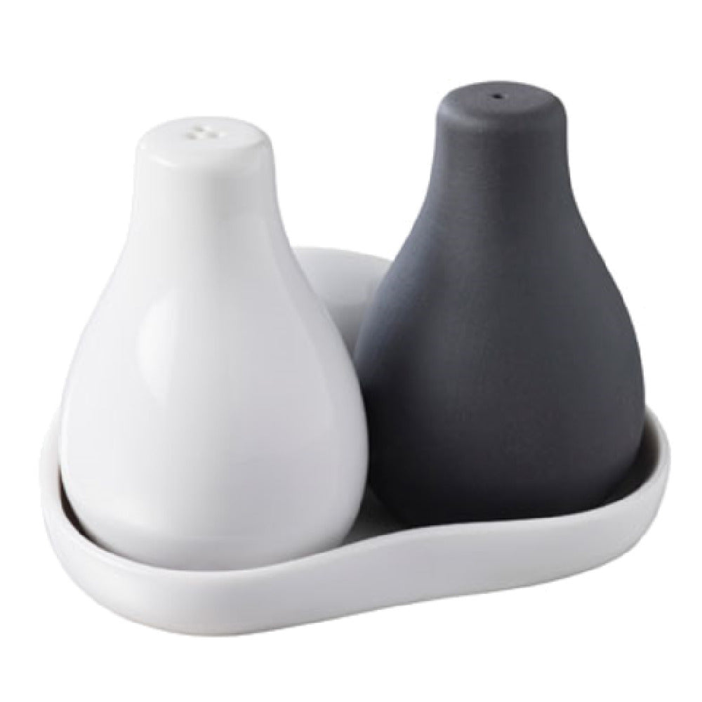 Revol 645010 (LI001) Salt/Pepper Set (SHIPS FROM FRANCE) Includes: (1) 3-1/4"H White Shaker (1) 3-1/4"H Black Matte Shaker & (1) 4-3/4"L X 3-1/4"W White Tray