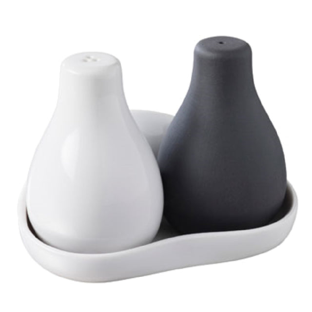 Revol 645010 (LI001) Salt/Pepper Set (SHIPS FROM FRANCE) Includes: (1) 3-1/4"H White Shaker (1) 3-1/4"H Black Matte Shaker & (1) 4-3/4"L X 3-1/4"W White Tray