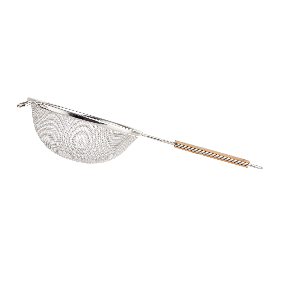 A fine medium mesh strainer with a round bowl and a long wooden handle grip, isolated on a white background. The strainer is positioned horizontally with the wooden handle to the right.