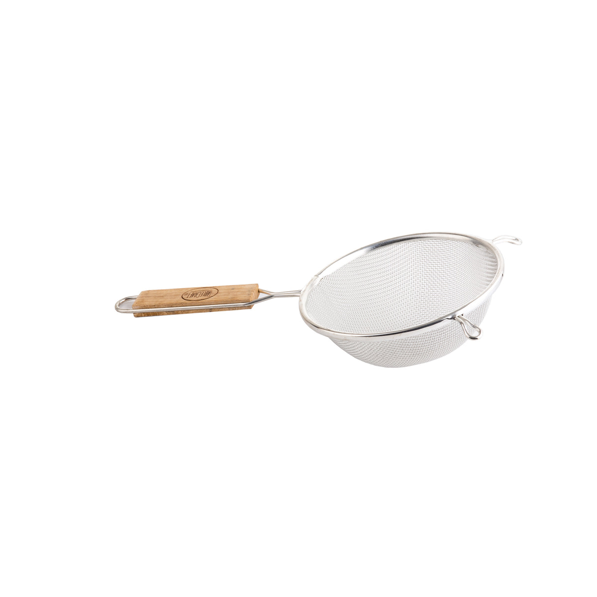 A metal strainer with a medium mesh sieve and round rim is shown. It features a sturdy wooden handle on one side and a small metal hook for resting on a bowl or pot. The background is plain white.