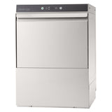 A stainless steel Centerline Dishwasher with a rectangular front, handle on top, dark control panel with buttons and indicator lights, and smooth sides. This undercounter dishwasher boasts a modern and industrial design while offering high temperature sanitizing for maximum cleaning efficiency.