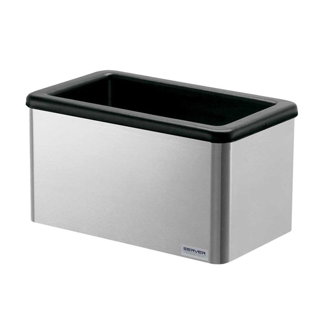 A rectangular, stainless steel insulated station container with a black plastic rim and open top. The smooth, reflective surface features the Server logo on the lower right corner. Perfect for countertop applications, it sits empty against a white background.