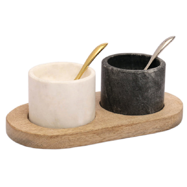 BauscherHepp P318900 Cruet Set Includes (2) 2.85 Oz. Marble Cruets (1 Each Black & White) & (2) Stainless Steel Spoons (1 Each Gold Plated & Silver Plated)