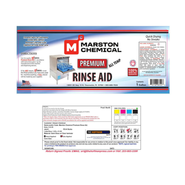 Marston Chemical 300178 Premium Rinse Aid 1 Gallon Prevents Spots On Glassware